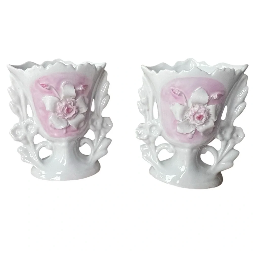 Pair Vieux Paris Vases Old Paris Porcelain 3D Rose Pink White Mantel Decor Vtg